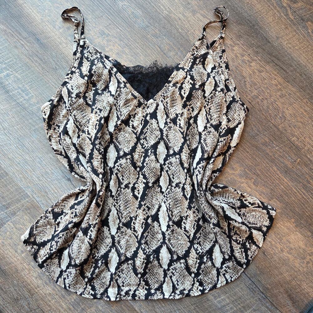 Sleeveless V-Neck Snakeskin print & Lace Tank Top Large